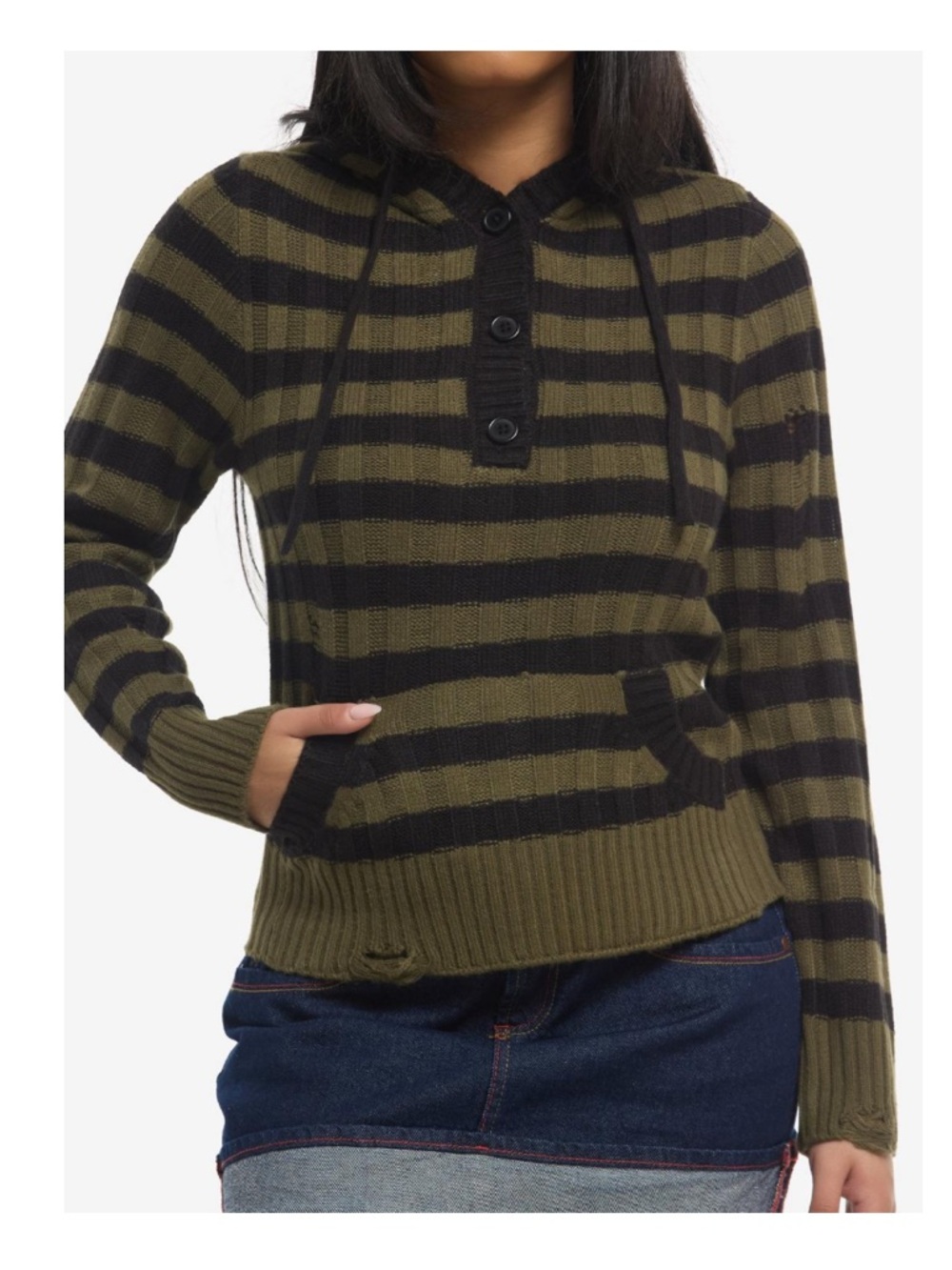Striped Olive and Black Hooded Pullover Sweater